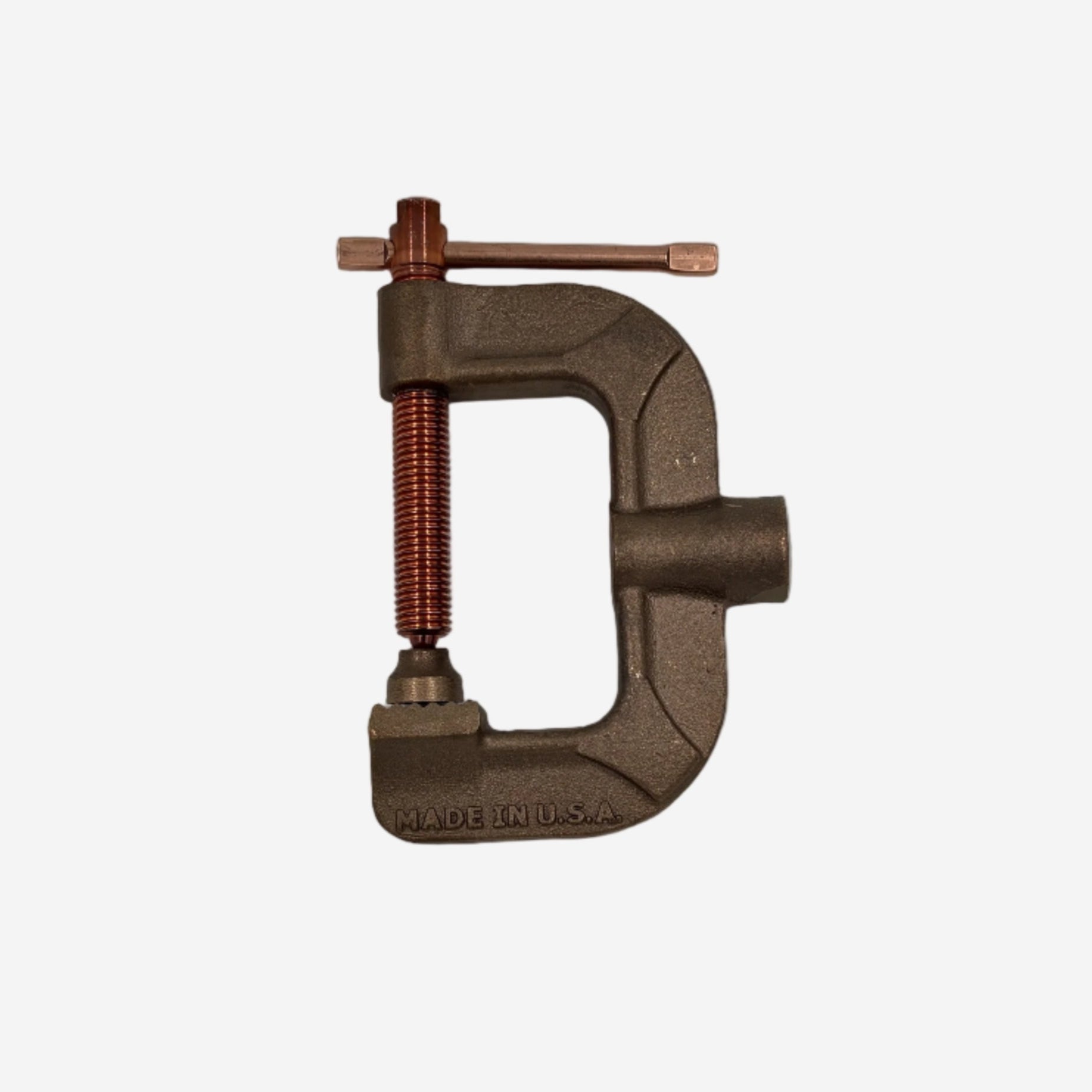 Metal C-clamp on a white background